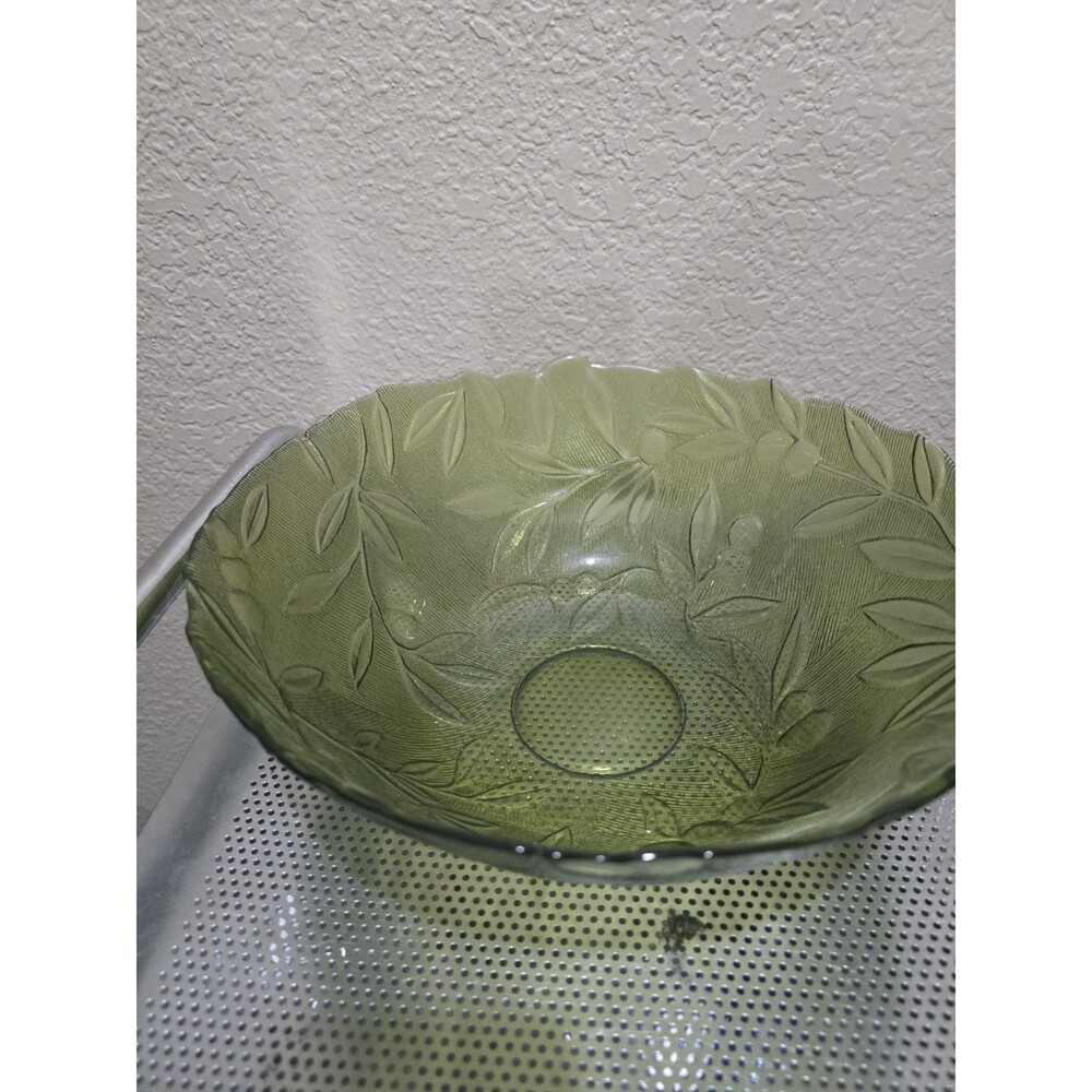 Vintage 1979 FTD Green Cut Glass Fruit Serving Bowl Embossed Flower Design 11.5"